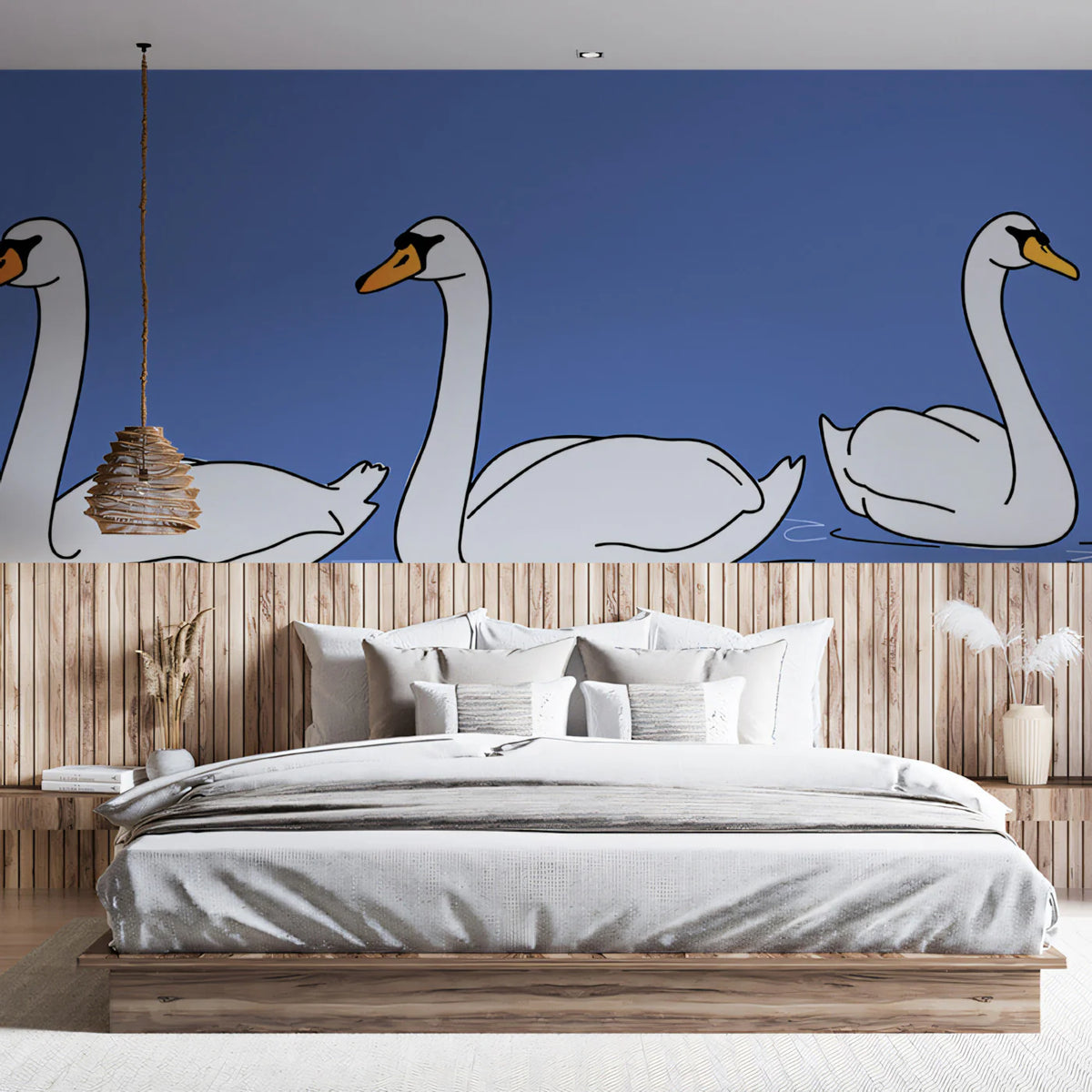 Minimalist Swan Parade Mural Wallpaper — Soft Blue Sketch Mural Wallpaper - pure wallpaper artwork
