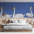 Minimalist Swan Parade Mural Wallpaper — Soft Blue Sketch Mural Wallpaper - pure wallpaper artwork