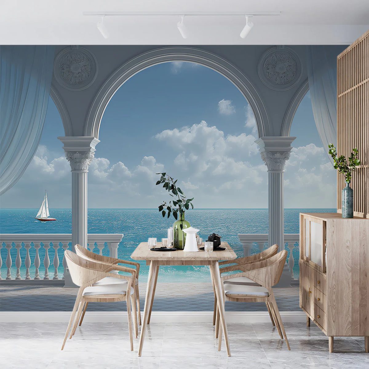 Classical Balcony Seascape Mural Wallpaper — Architectural View Mural Wallpaper - pure wallpaper artwork