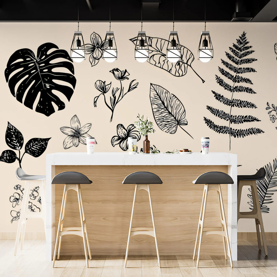 Vintage Botanical Specimen Mural Wallpaper — Black and Cream Study Mural Wallpaper