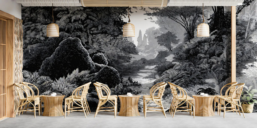 Monochrome Woodland Stream Mural Wallpaper — Vintage Engraving Style Mural Wallpaper