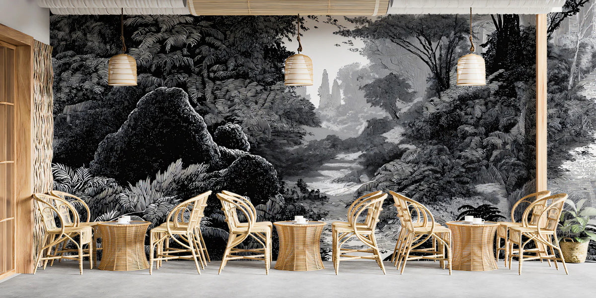 Monochrome Woodland Stream Mural Wallpaper — Vintage Engraving Style Mural Wallpaper - pure wallpaper artwork