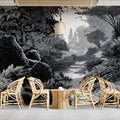 Monochrome Woodland Stream Mural Wallpaper — Vintage Engraving Style Mural Wallpaper - pure wallpaper artwork