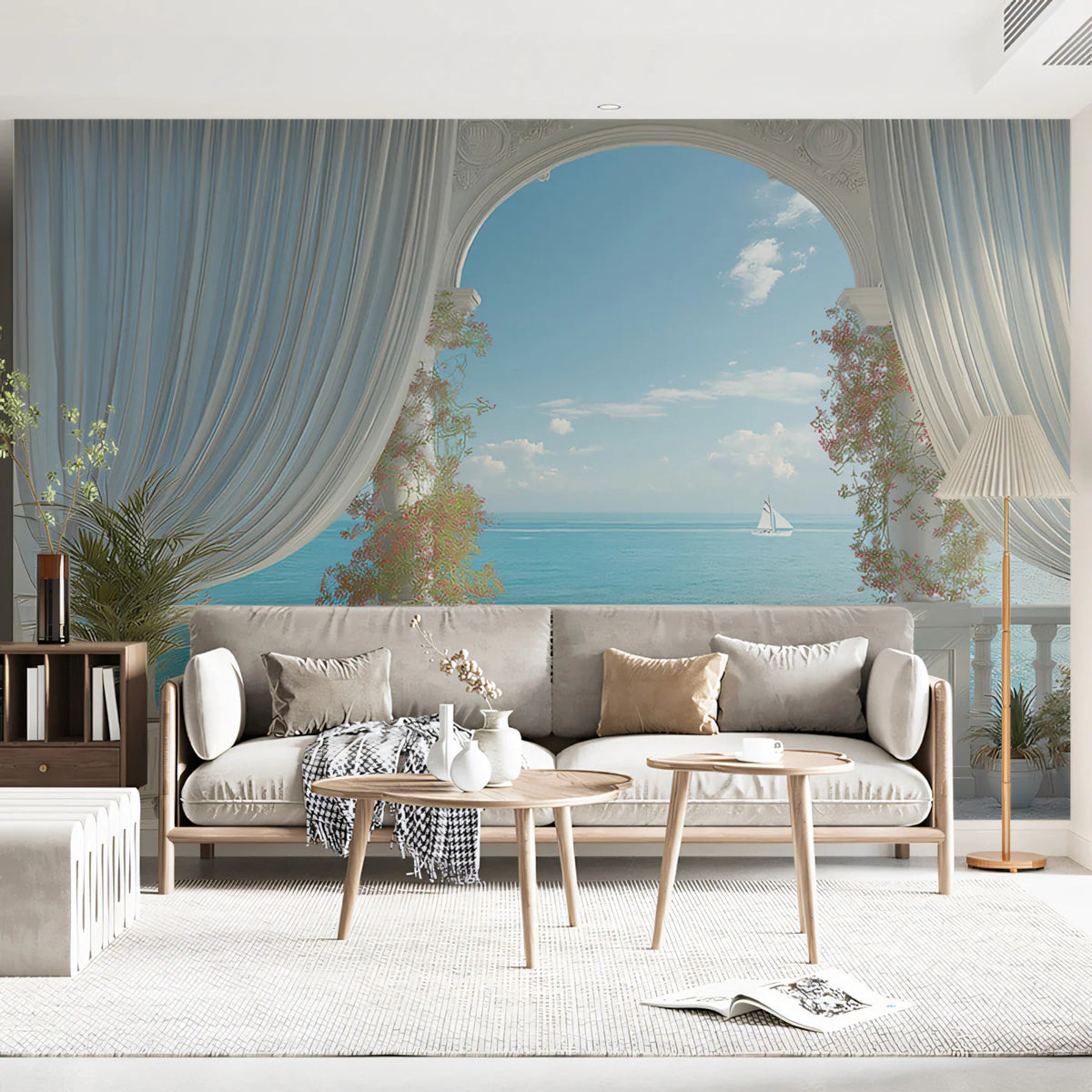 Mediterranean Sea View Mural Wallpaper — Romantic Archway Design Mural Wallpaper - pure wallpaper artwork