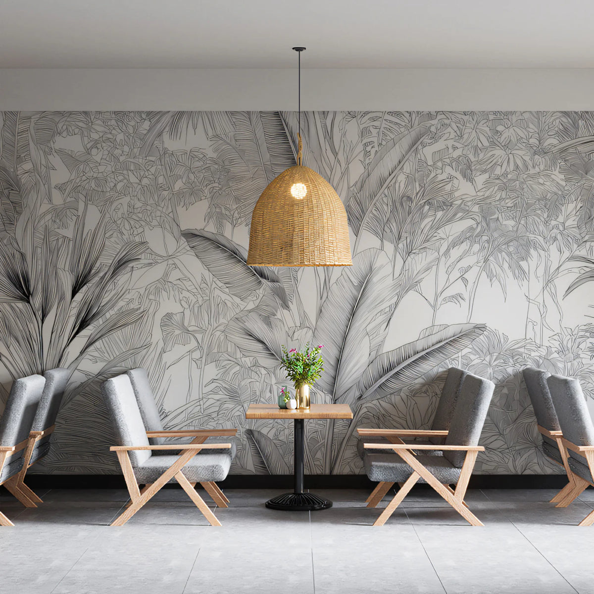 Monochrome Jungle Line Art Mural Wallpaper — Sophisticated Botanical Mural Wallpaper - pure wallpaper artwork