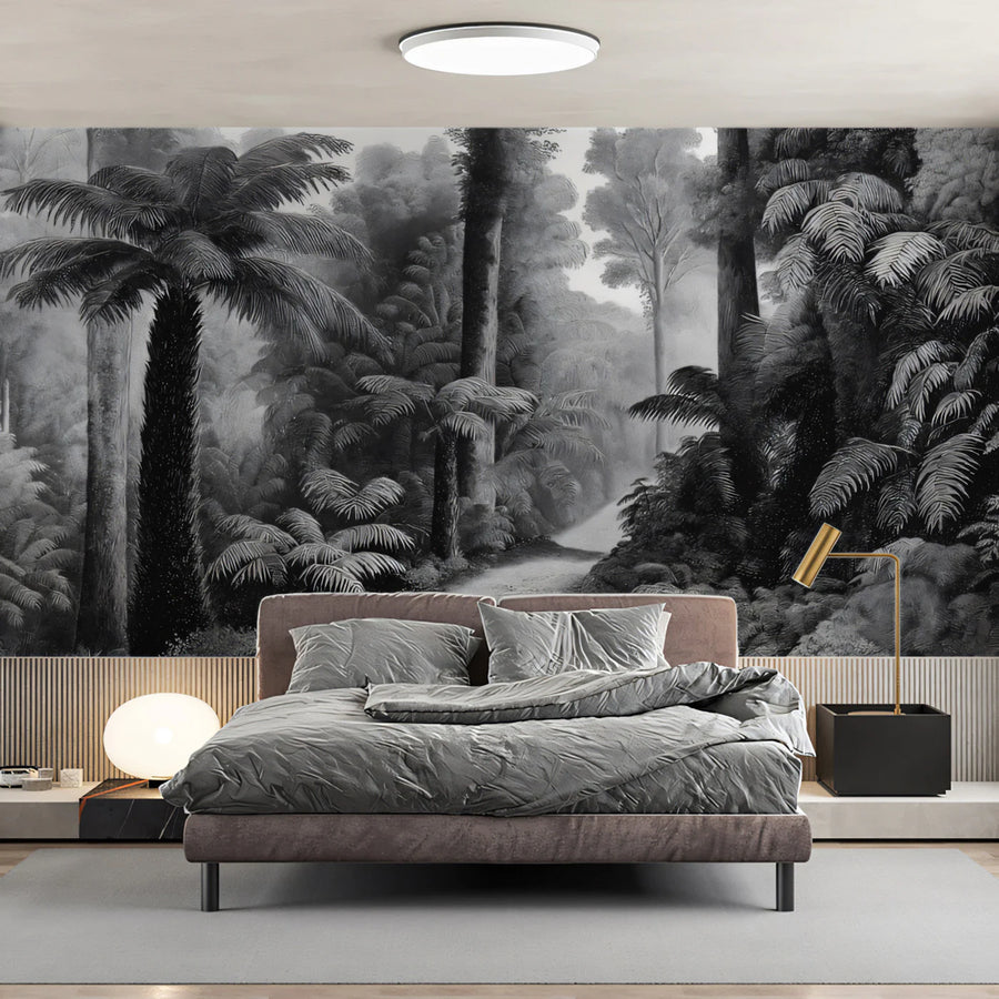 Vintage Rainforest Path Mural Wallpaper — Monochrome Botanical Art Mural Wallpaper