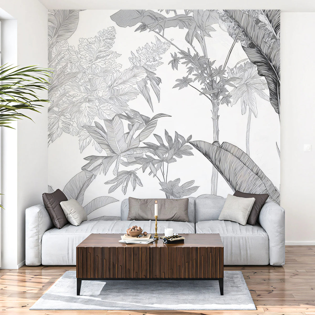 Monochrome Botanical Mural Wallpaper — Ink Sketch Jungle Mural Wallpaper - pure wallpaper artwork