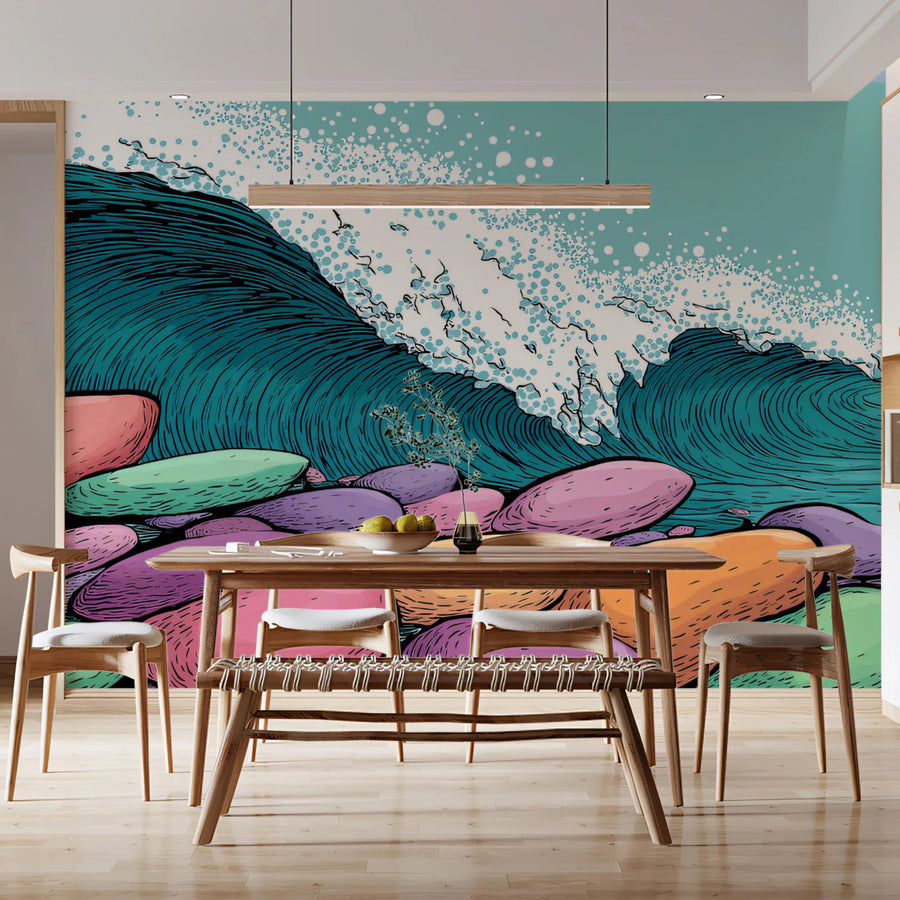 Graphic Pop Art Wave Mural Wallpaper — Coastal Retro Illustration Mural Wallpaper