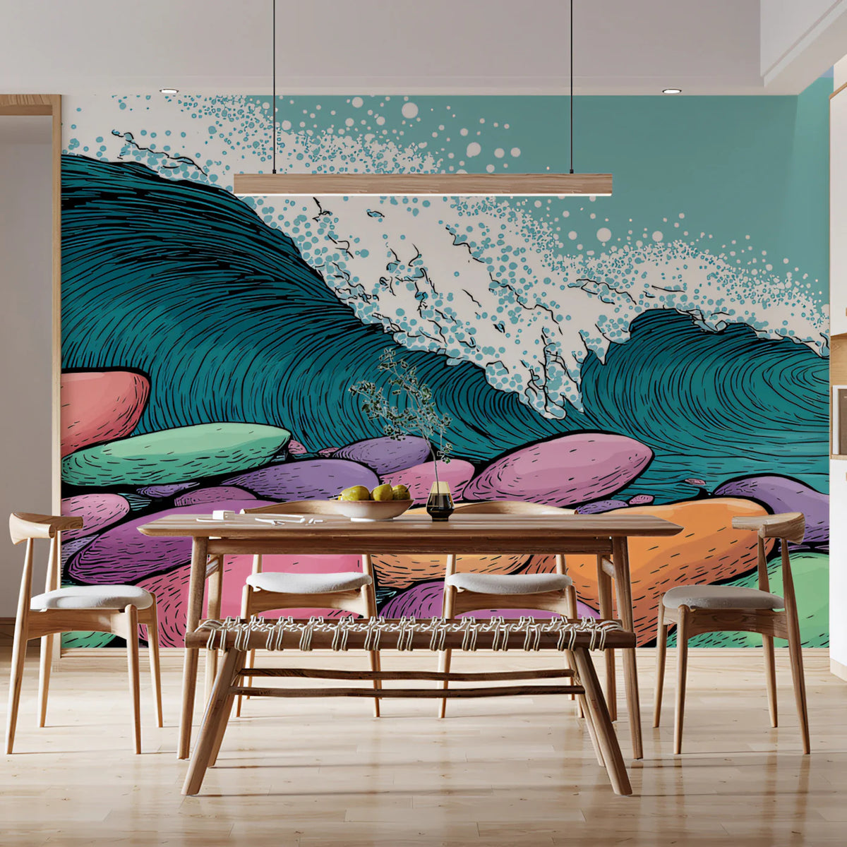 Graphic Pop Art Wave Mural Wallpaper — Coastal Retro Illustration Mural Wallpaper - pure wallpaper artwork