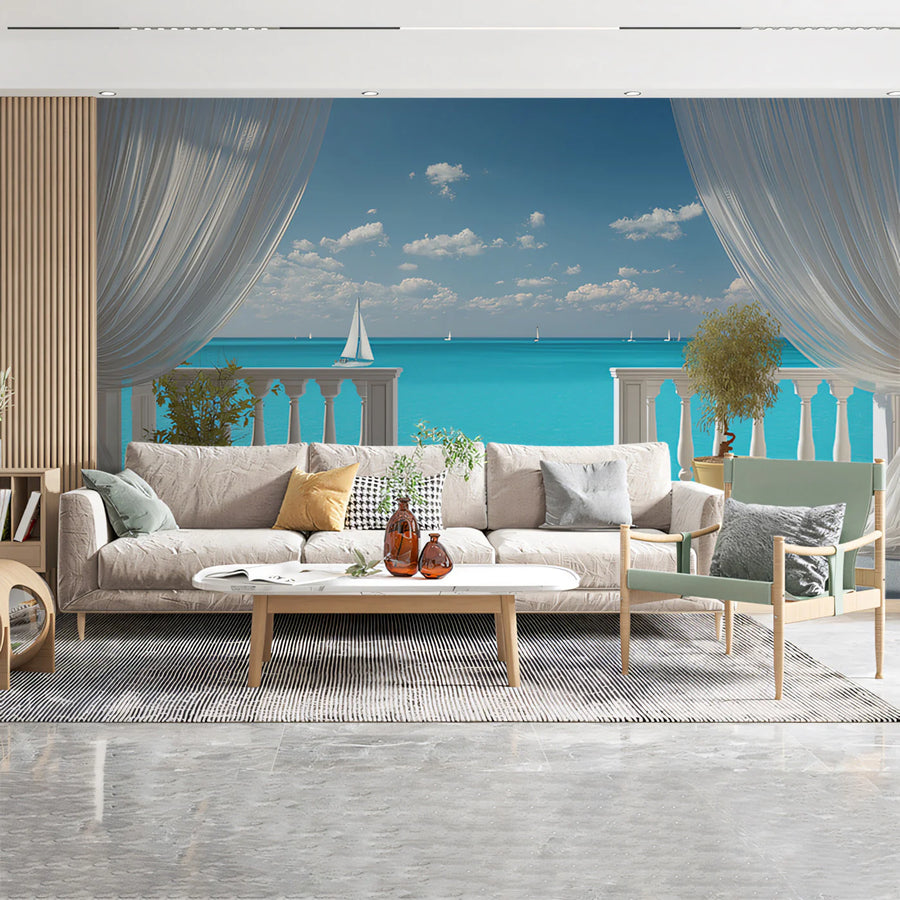 Mediterranean Balcony Mural Wallpaper — Coastal Sailboat Horizon Mural Wallpaper