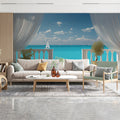 Mediterranean Balcony Mural Wallpaper — Coastal Sailboat Horizon Mural Wallpaper - pure wallpaper artwork
