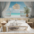 Coastal Balcony View Mural Wallpaper — Tropical Ocean Horizon Mural Wallpaper - pure wallpaper artwork