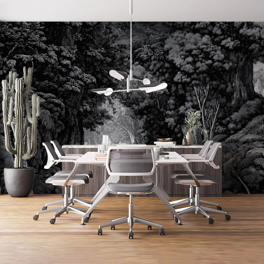 Monochrome Forest Etching Mural Wallpaper — Detailed Nature Scene Mural Wallpaper