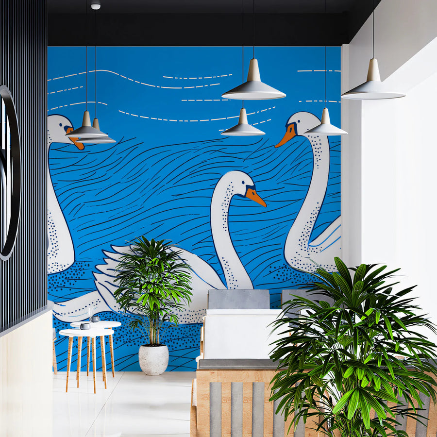Floating Swans Mural Wallpaper — Folk Art Illustration Mural Wallpaper