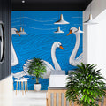 Floating Swans Mural Wallpaper — Folk Art Illustration Mural Wallpaper - pure wallpaper artwork