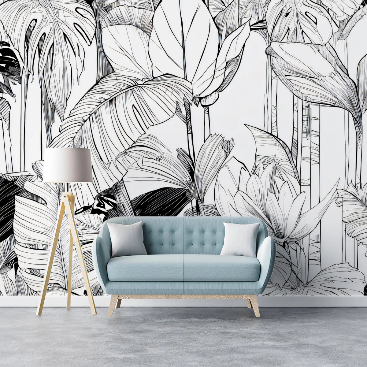 Monochrome Tropical Foliage Mural Wallpaper — Graphic Leaf Design Mural Wallpaper - pure wallpaper artwork