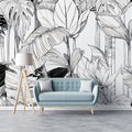 Monochrome Tropical Foliage Mural Wallpaper — Graphic Leaf Design Mural Wallpaper - pure wallpaper artwork