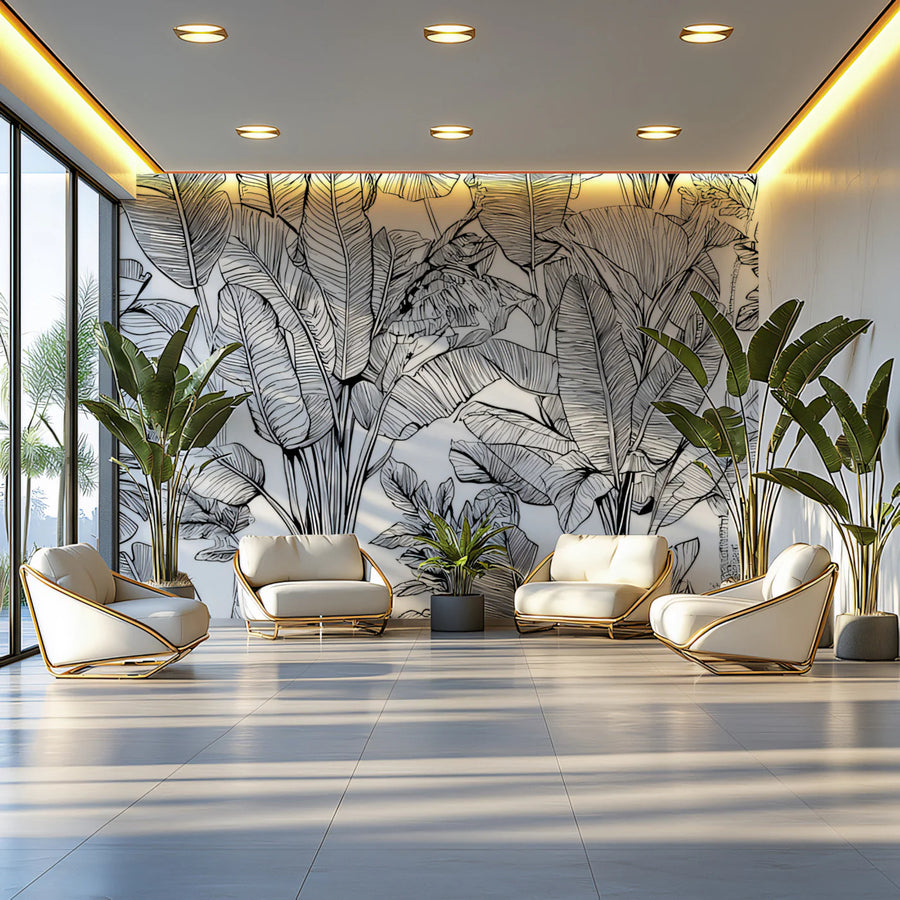 Ink Sketch Banana Leaf Mural Wallpaper — Monochromatic Botanical Mural Wallpaper