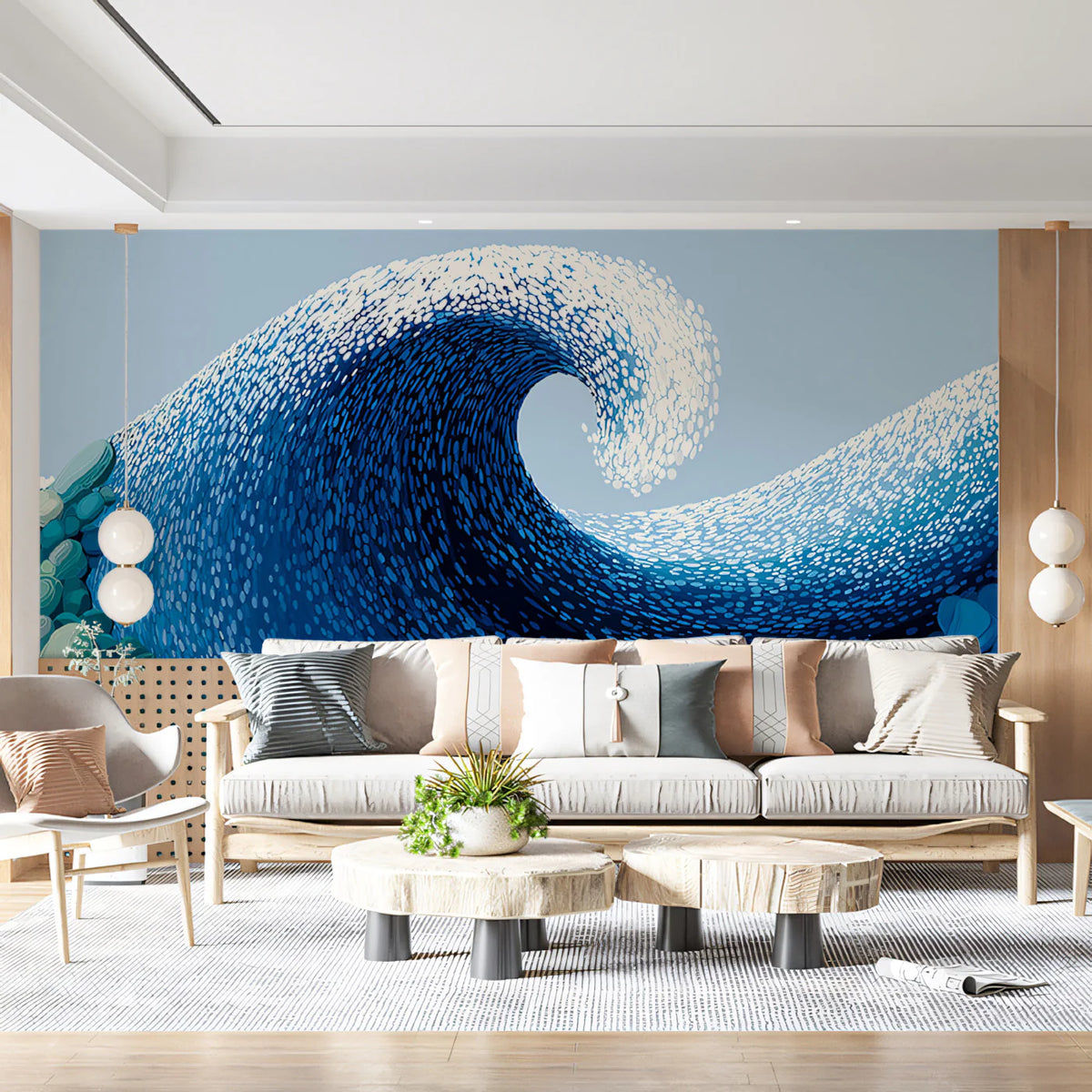 Stylized Ocean Wave Mural Wallpaper — Vibrant Pebble Shoreline Mural Wallpaper - pure wallpaper artwork
