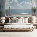 Coastal Terrace Curtain Mural Wallpaper — Ocean View Window Scene Mural Wallpaper - pure wallpaper artwork