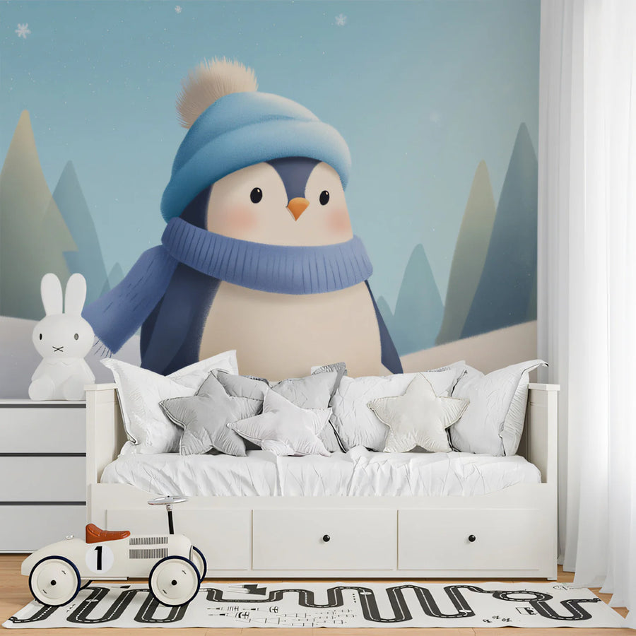 Winter Penguin Character Mural Wallpaper — Whimsical Holiday Scene Mural Wallpaper