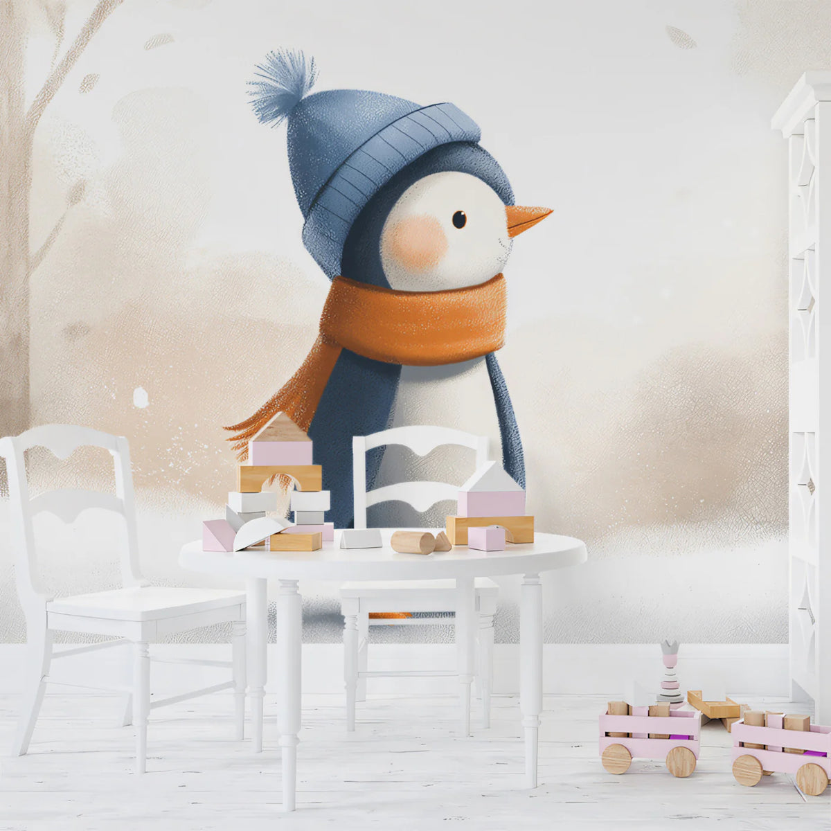 Winter Penguin Woodland Mural Wallpaper — Whimsical Snowy Scene Mural Wallpaper - pure wallpaper artwork