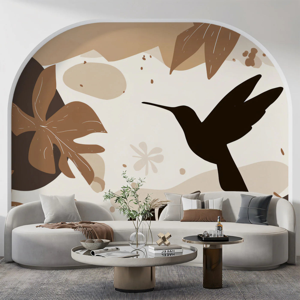 Abstract Hummingbird & Botanical Mural Wallpaper — Earthy Matisse Style Mural Wallpaper - pure wallpaper artwork