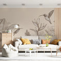 Hummingbird Botanical Line Art Mural Wallpaper — Soft Beige Mural Wallpaper - pure wallpaper artwork