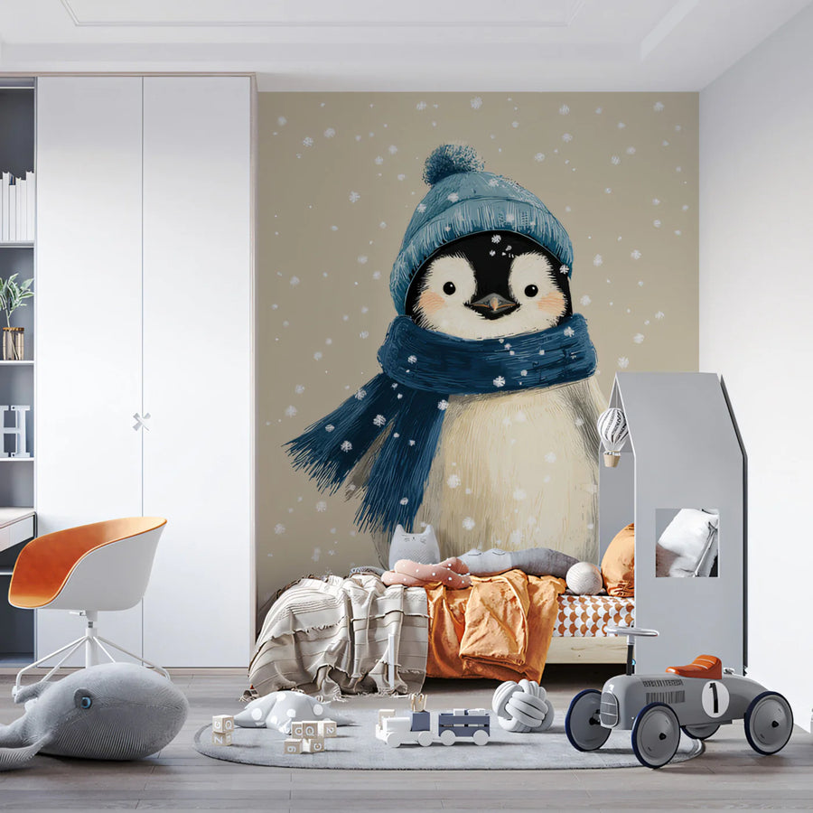 Snowy Penguin Mural Wallpaper — Whimsical Winter Illustration Mural Wallpaper