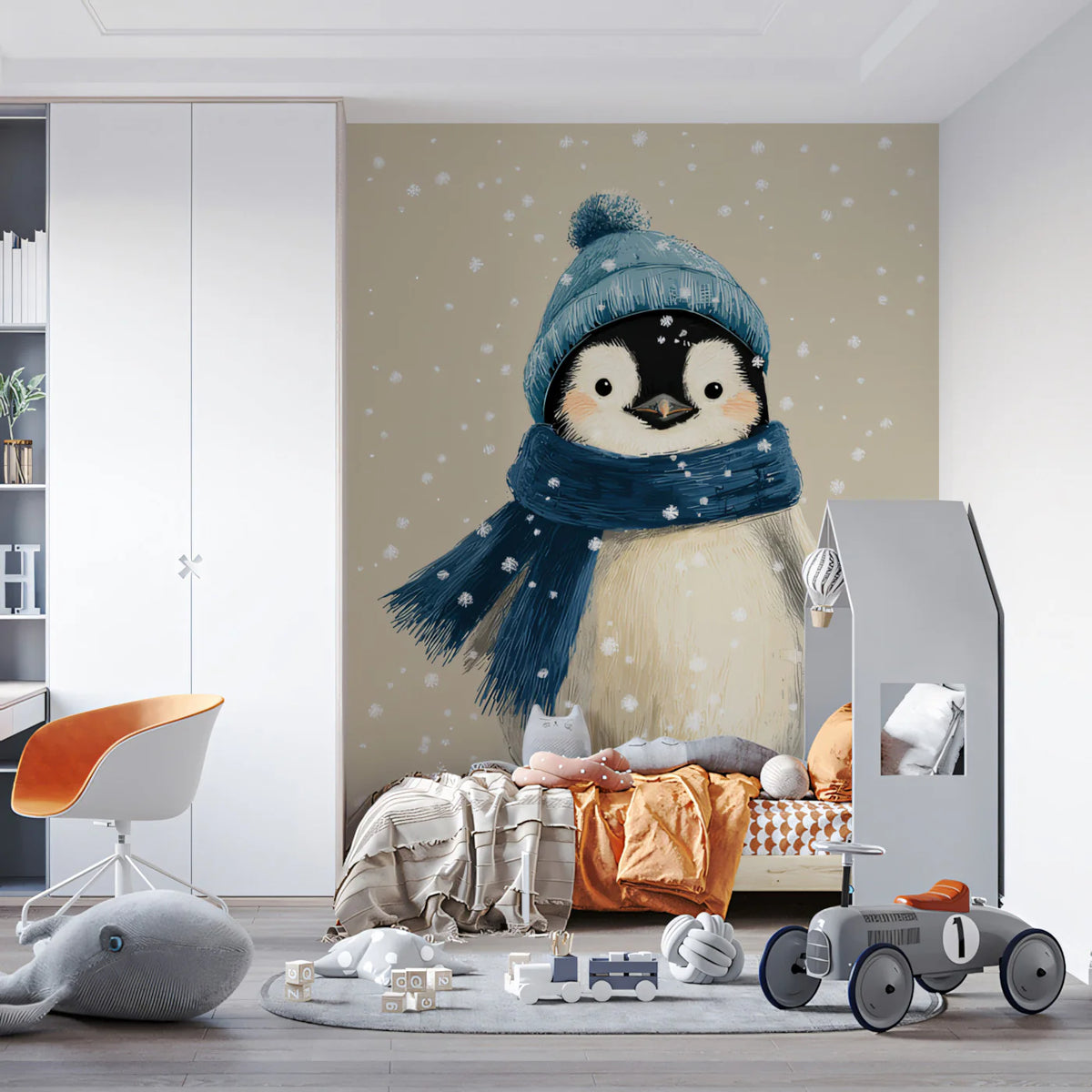 Snowy Penguin Mural Wallpaper — Whimsical Winter Illustration Mural Wallpaper - pure wallpaper artwork