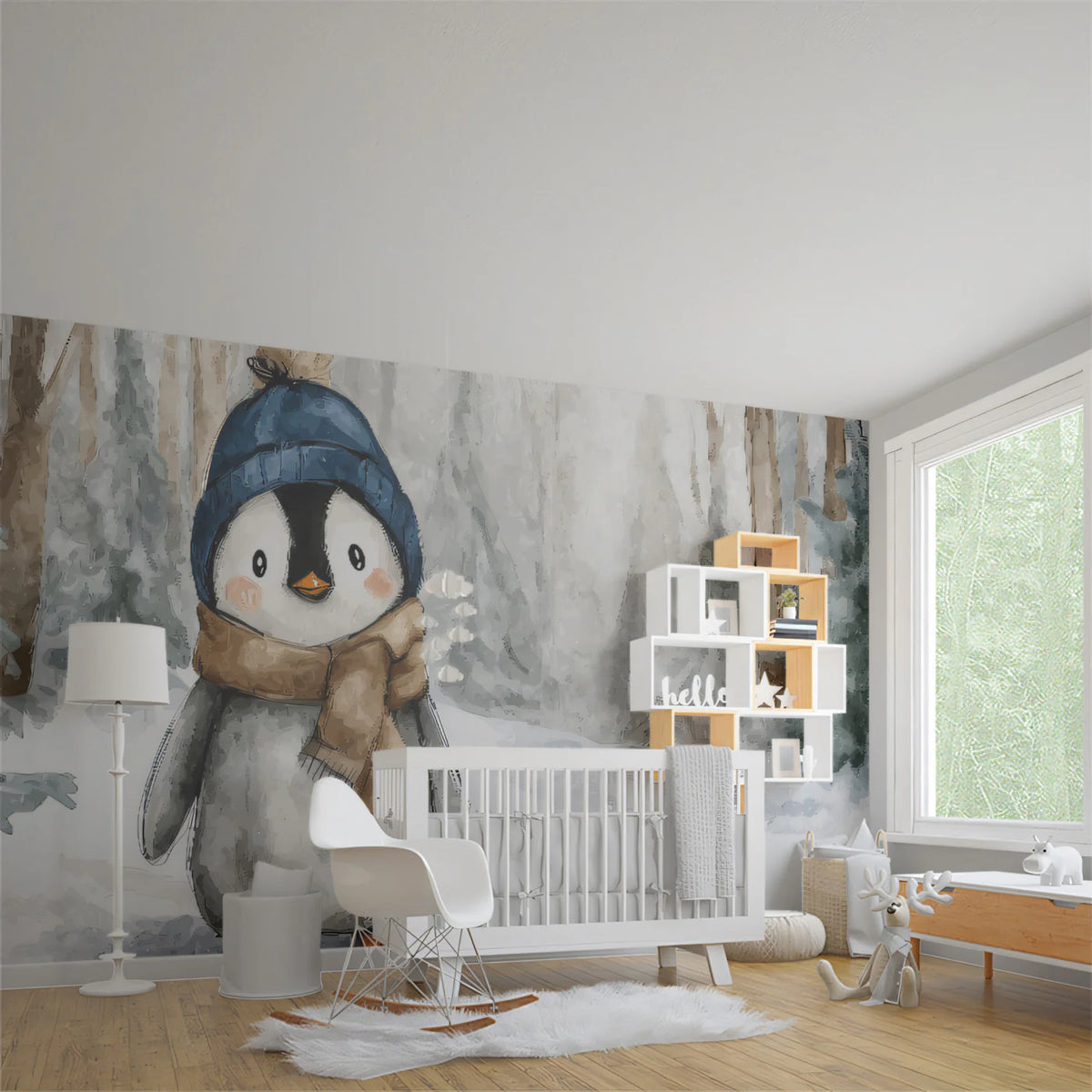 Winter Penguin in Snowy Forest Mural Wallpaper — Whimsical Decor Mural Wallpaper - pure wallpaper artwork