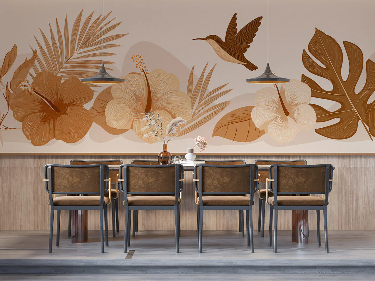 Terracotta Tropical Hummingbird Border Mural Wallpaper — Warm Floral Mural Wallpaper - pure wallpaper artwork