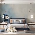 Winter Penguin Landscape Mural Wallpaper — Whimsical Blue Scene Mural Wallpaper - pure wallpaper artwork