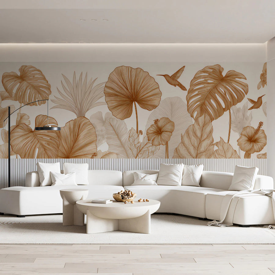 Golden Botanical Line Art Mural Wallpaper — Tropical Sketch Mural Wallpaper