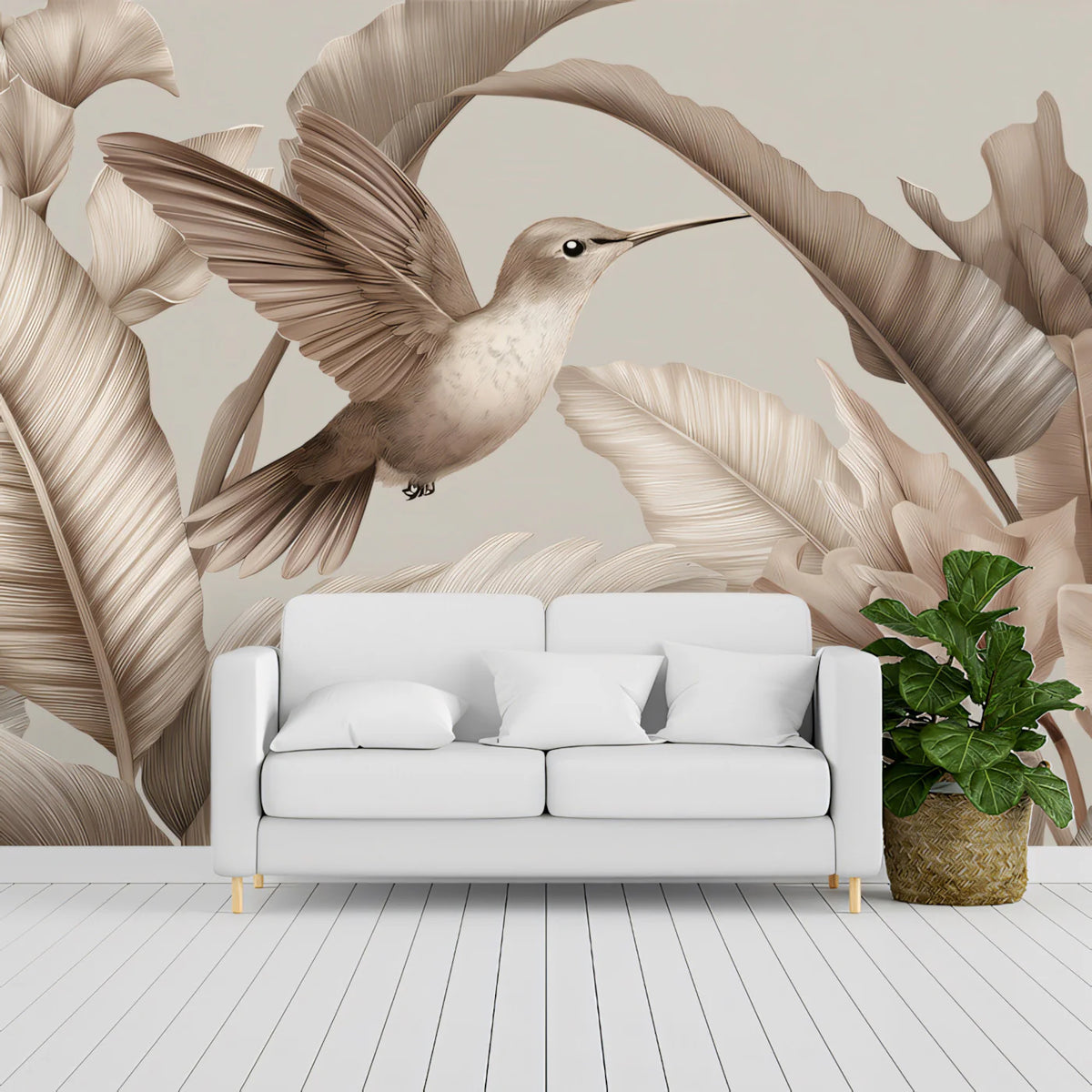 Hummingbird and Palm Leaf Mural Wallpaper — Sepia Botanical Art Mural Wallpaper - pure wallpaper artwork
