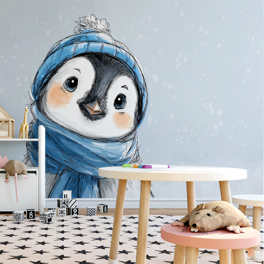 Winter Penguin Sketch Mural Wallpaper — Whimsical Illustration Mural Wallpaper