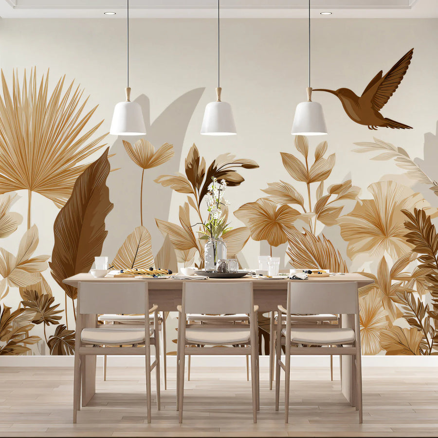 Sepia Tropical Flora Mural Wallpaper — Panoramic Botanical Border Mural Wallpaper