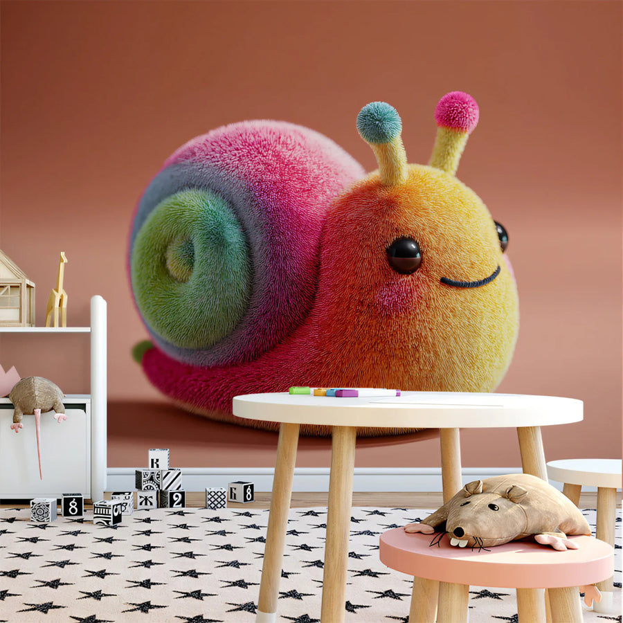 Fuzzy Rainbow Snail Mural Wallpaper — Whimsical Character Art Mural Wallpaper