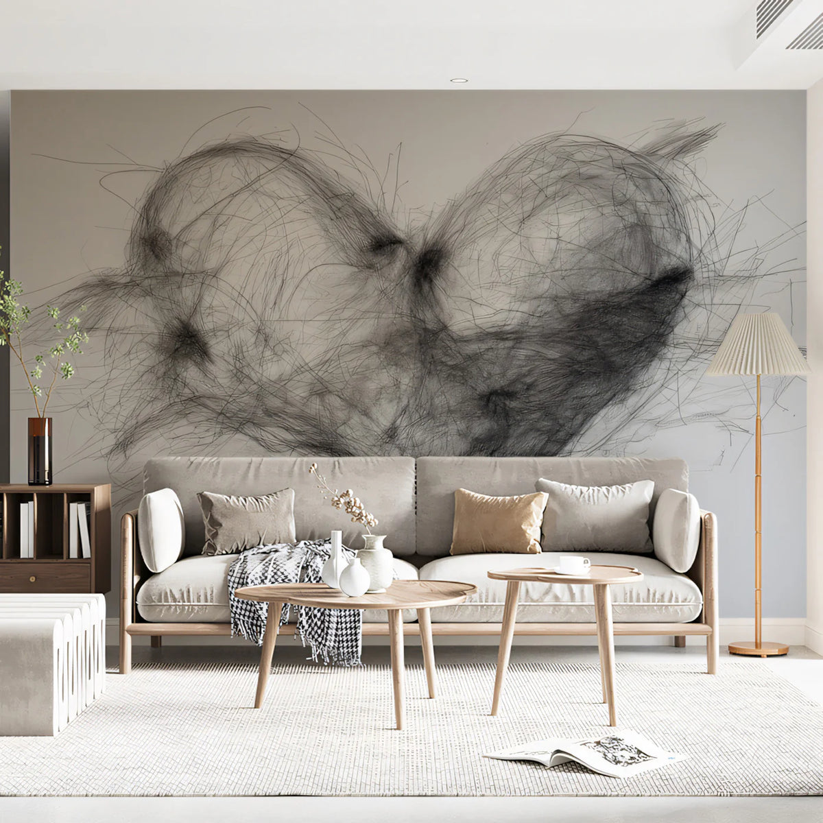Scribbled Heart Sketch Mural Wallpaper — Minimalist Line Art Mural Wallpaper - pure wallpaper artwork