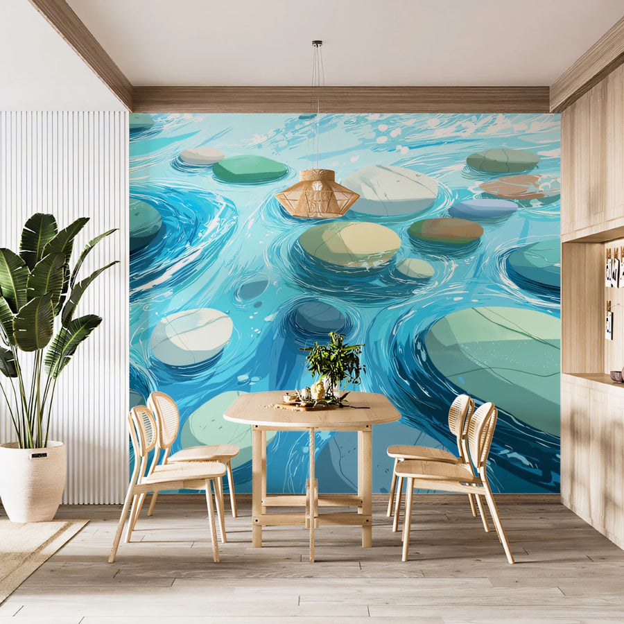 Stylized River Stones Mural Wallpaper — Calming Water Illustration Mural Wallpaper
