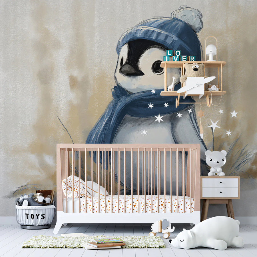 Baby Penguin Watercolor Mural Wallpaper — Soft Earthy Illustration Mural Wallpaper