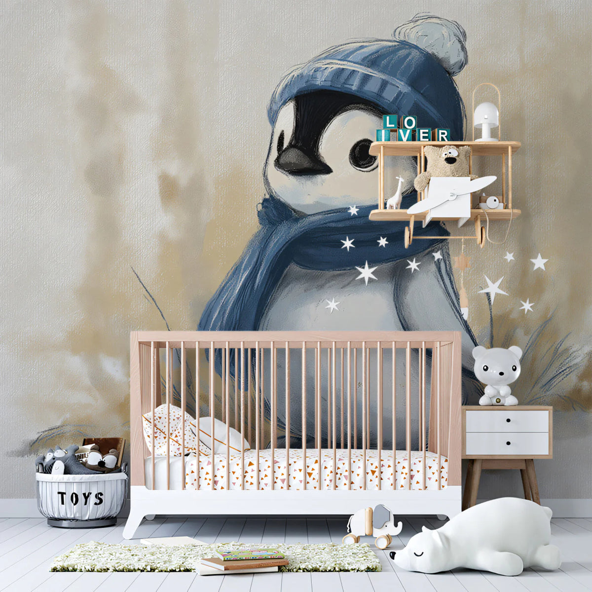 Baby Penguin Watercolor Mural Wallpaper — Soft Earthy Illustration Mural Wallpaper - pure wallpaper artwork