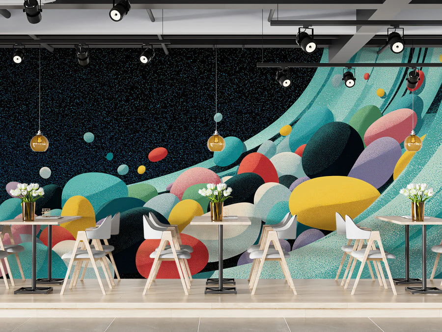 Cosmic Pebble Flow Mural Wallpaper — Abstract Retro Wave Mural Wallpaper