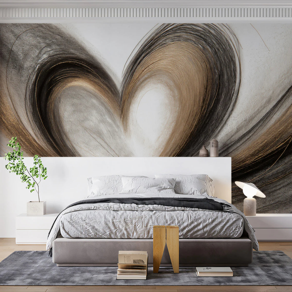 Abstract Heart Sketch Mural Wallpaper — Artistic Gold and Charcoal Mural Wallpaper - pure wallpaper artwork