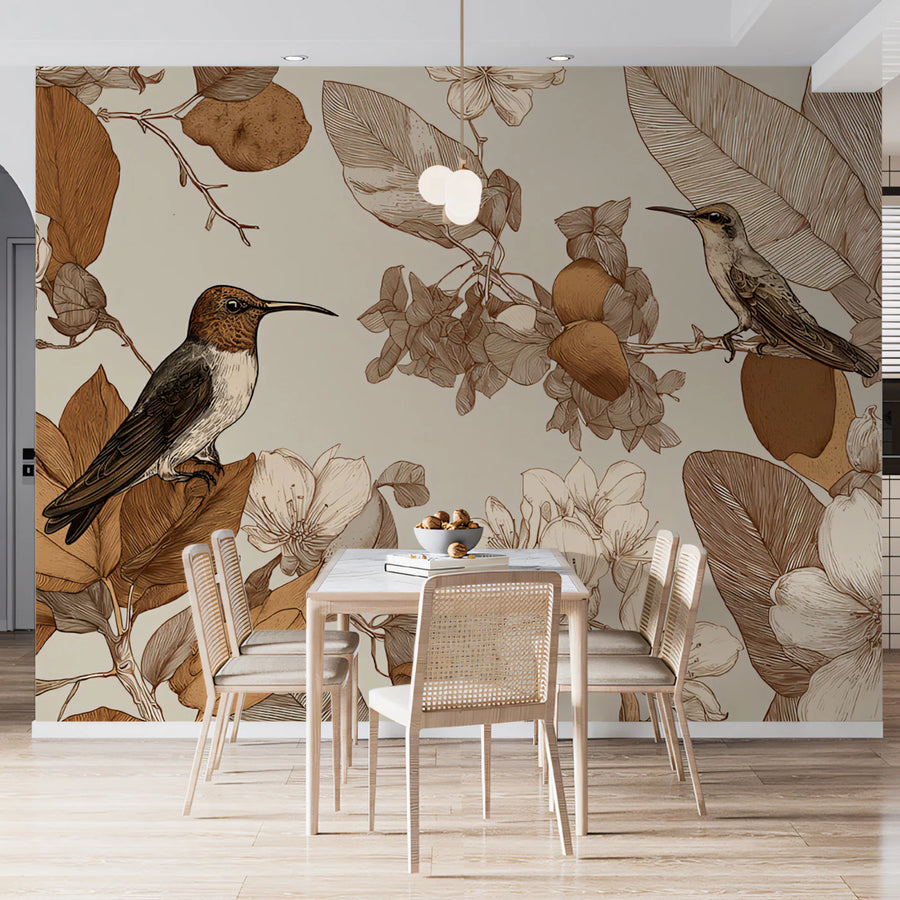 Vintage Hummingbird Mural Wallpaper — Botanical Line Art Mural Wallpaper