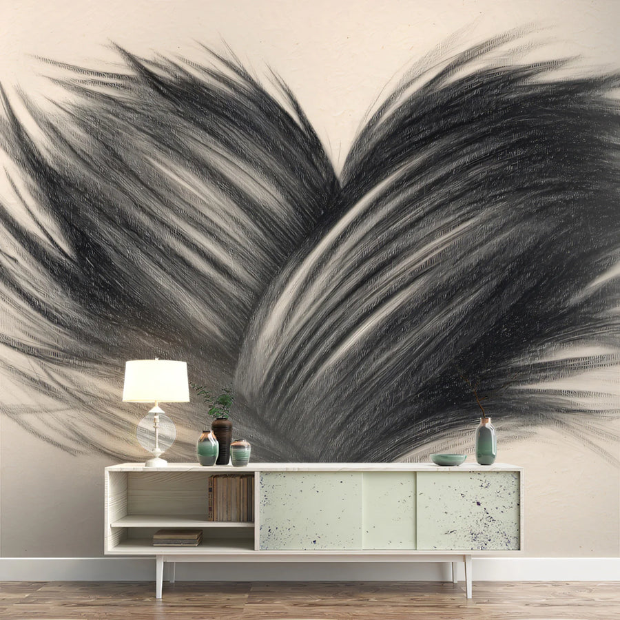 Fur Heart Sketch Mural Wallpaper — Artistic Charcoal Wall Art Mural Wallpaper