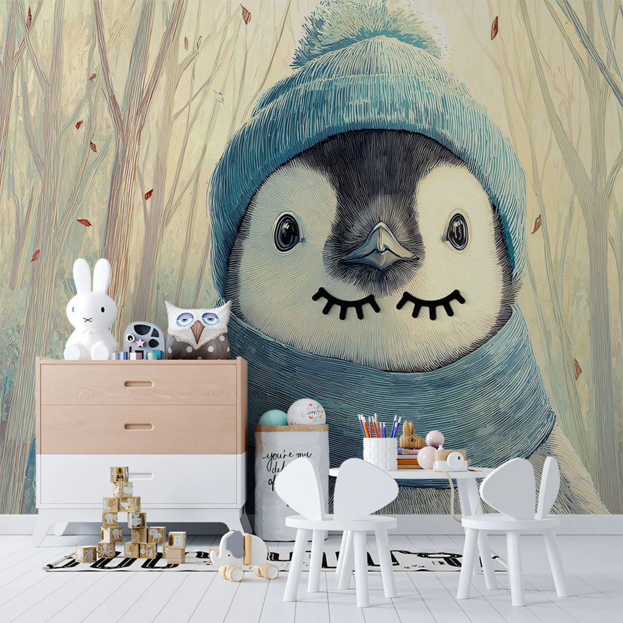 Winter Penguin Portrait Mural Wallpaper —Soft Pastel Forest Mural Wallpaper