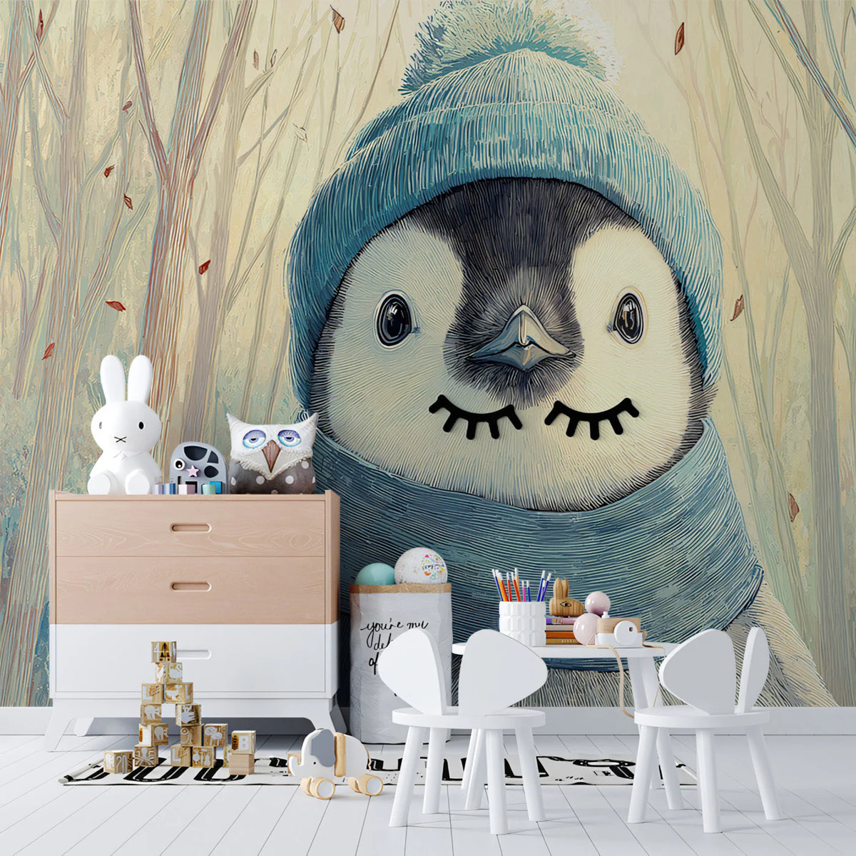 Winter Penguin Portrait Mural Wallpaper —Soft Pastel Forest Mural Wallpaper - pure wallpaper artwork