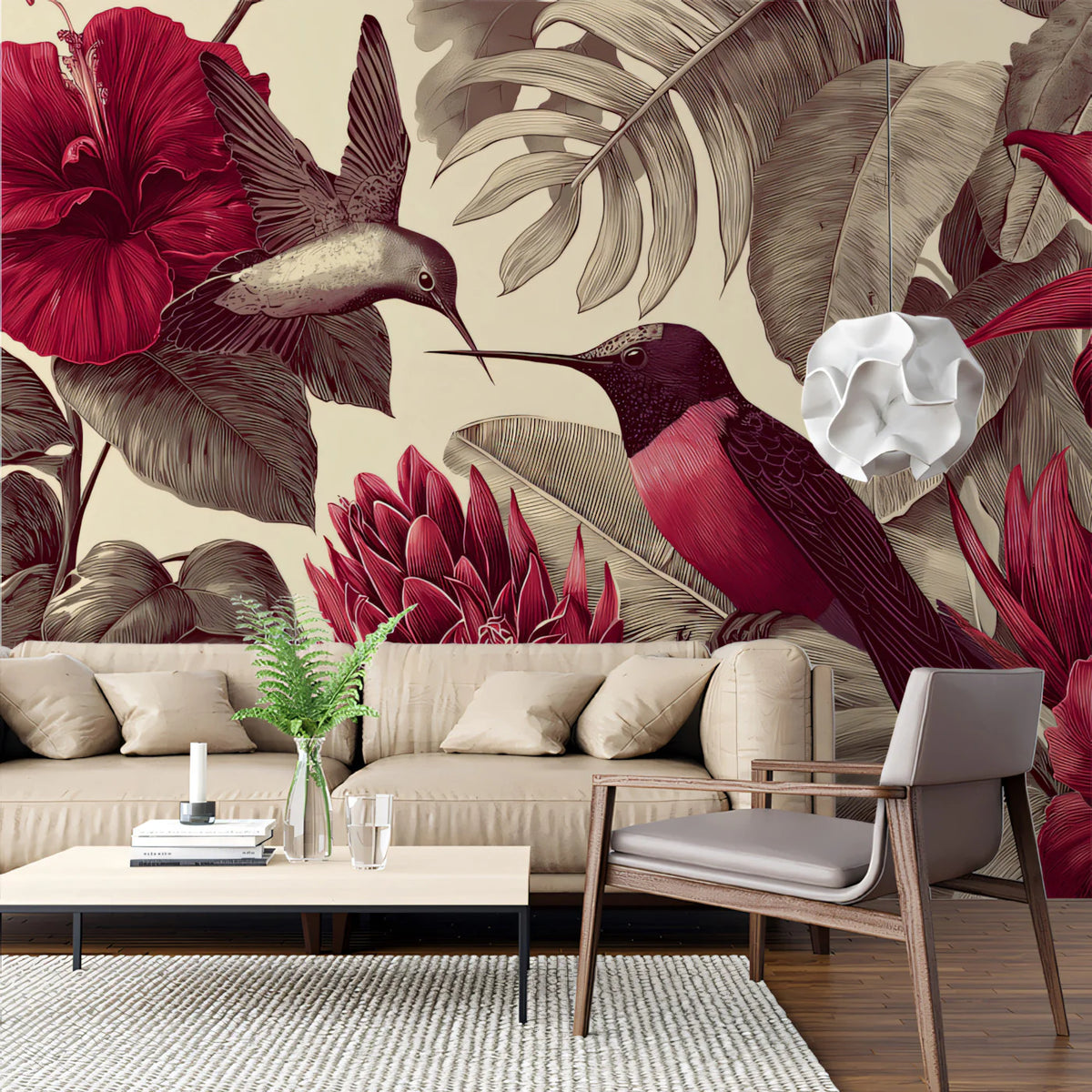 Vintage Hibiscus and Hummingbird Mural Wallpaper — Botanical Art Mural Wallpaper - pure wallpaper artwork
