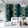 Striped Botanical Mural Wallpaper — Teal and Forest Green Leaves Mural Wallpaper - pure wallpaper artwork